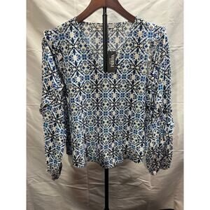 NWT White House Black Market Outlet Women’s S Ruffle Long Sleeve Blue White